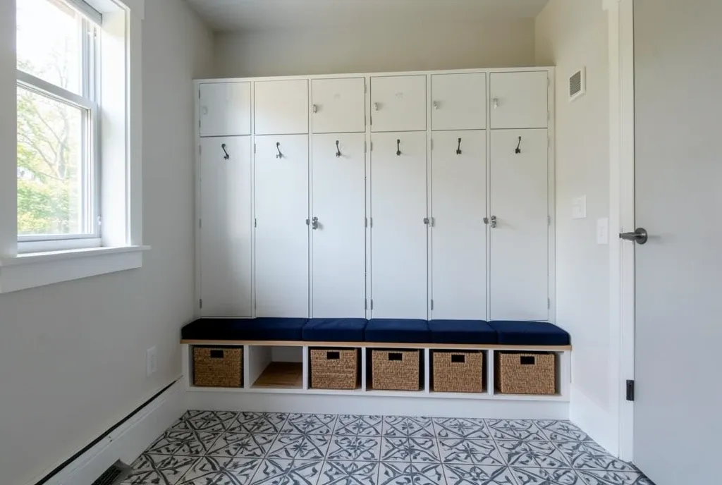 Modern mudroom with white lockers, woven baskets, wooden bench with navy cushion, and patterned tile