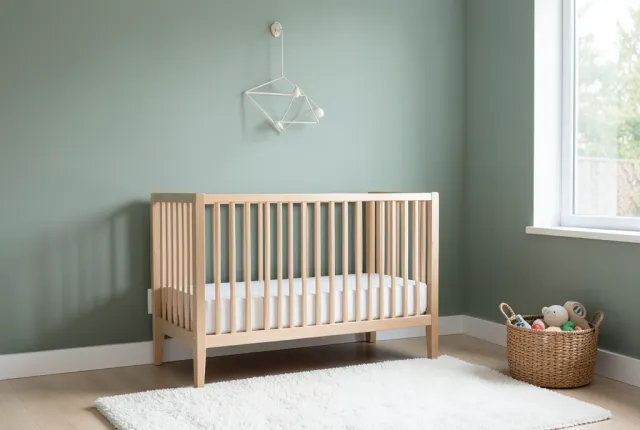 Modern nursery with light wood crib against sage green wall, geometric mobile, and woven toy basket