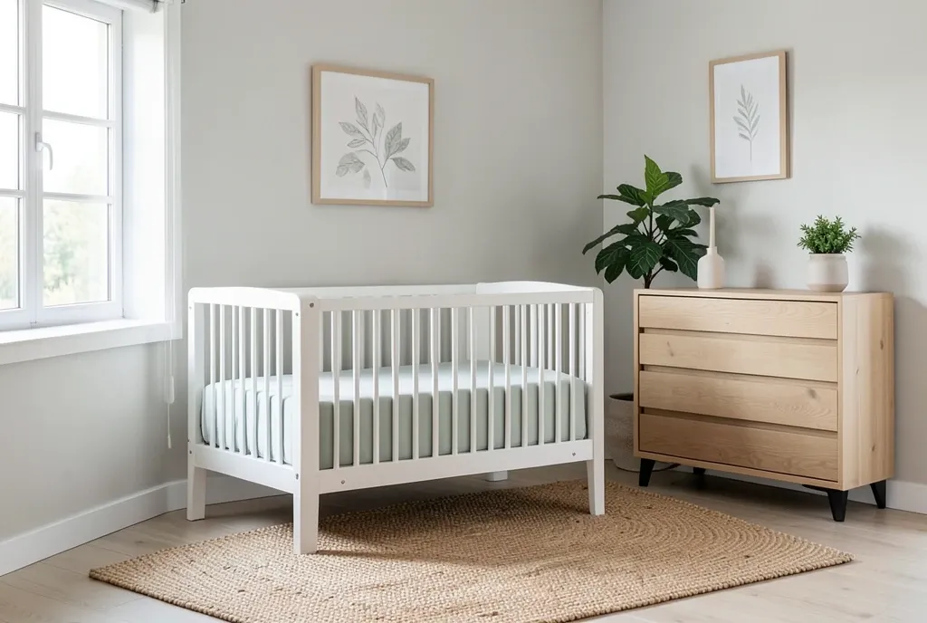Modern nursery with white crib, sage bedding, wood dresser, woven rug, wall art, plant, and soft window light