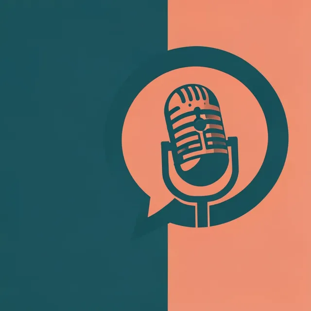 Modern podcast cover art with microphone inside a bold speech bubble in teal and coral