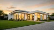 Modern real estate exterior hero with clean architecture and golden hour sky