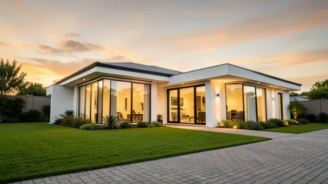 Modern real estate exterior hero with clean architecture and golden hour sky