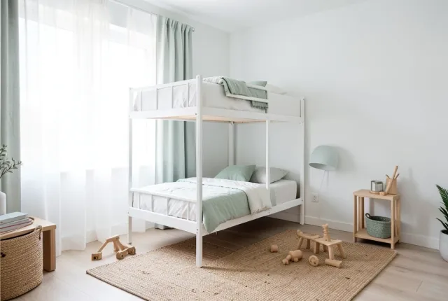 Bright modern Scandinavian kids bedroom with white bunk bed, sage accents, wood toys, and large window