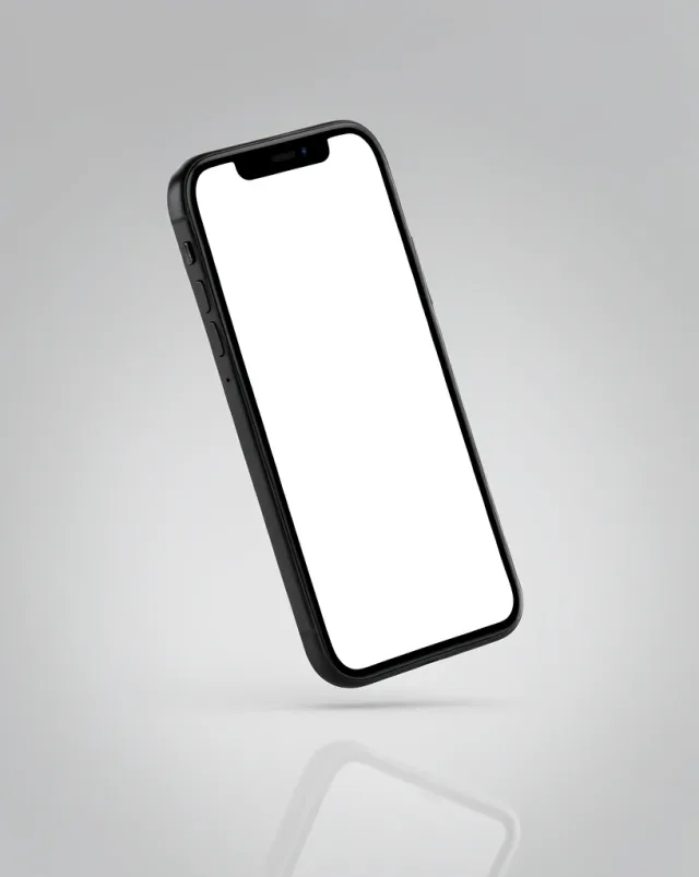 Sleek black smartphone with blank white screen floating at an angle over a grey gradient