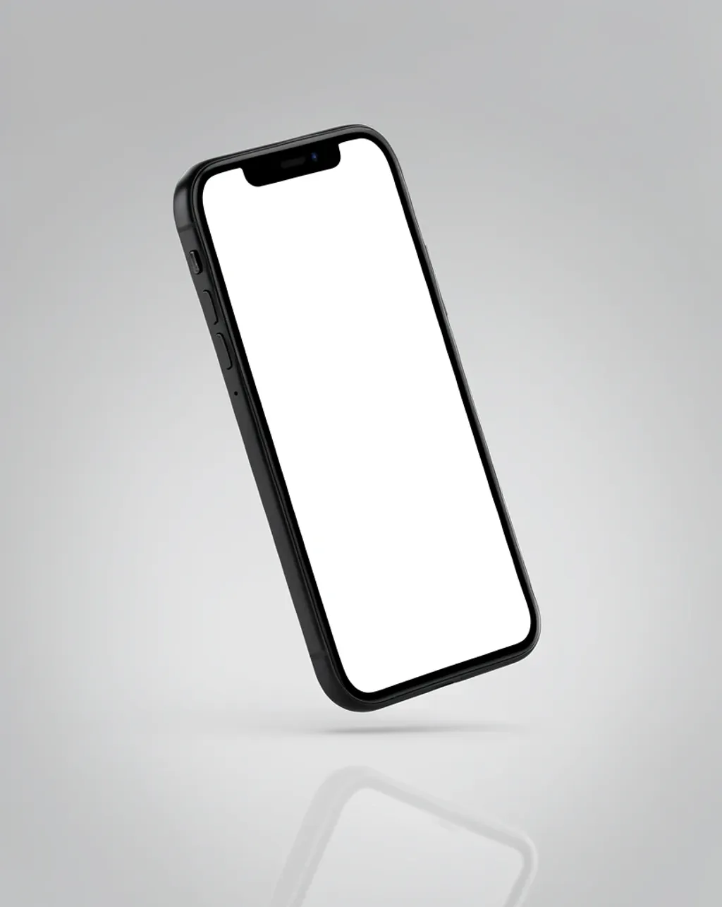 Sleek black smartphone with blank white screen floating at an angle over a grey gradient