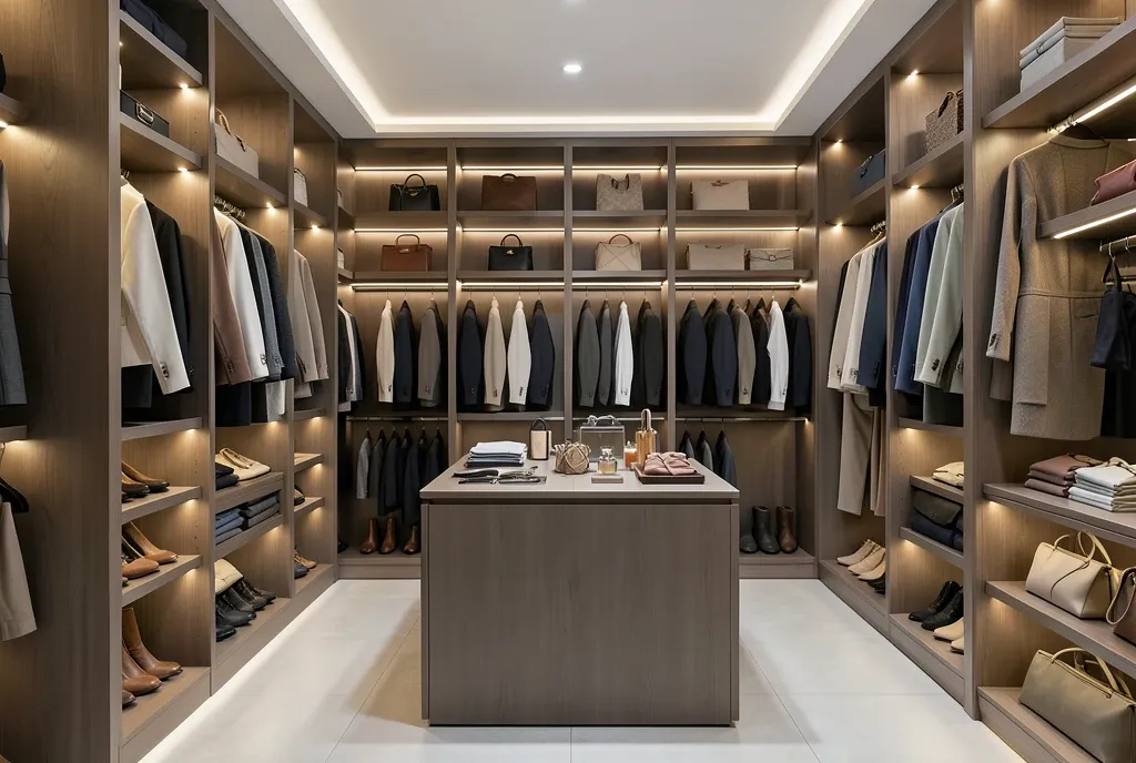Modern walk-in closet with organized clothing racks, shelves, shoe display, and central island