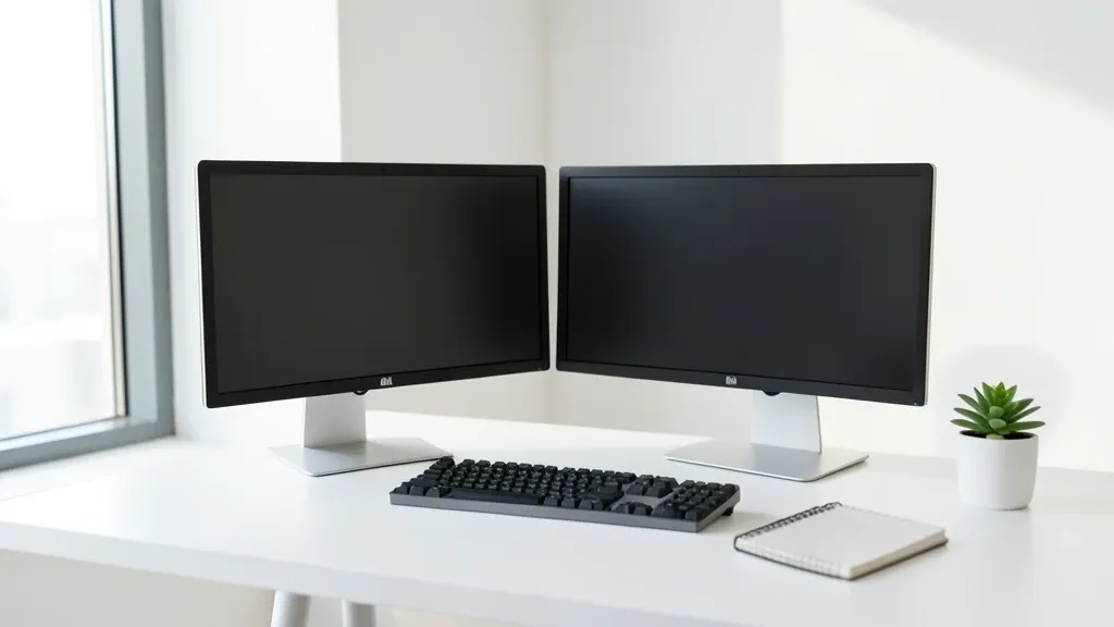 Modern minimalist workspace with dual monitors, keyboard, plant, and notebook in soft natural light
