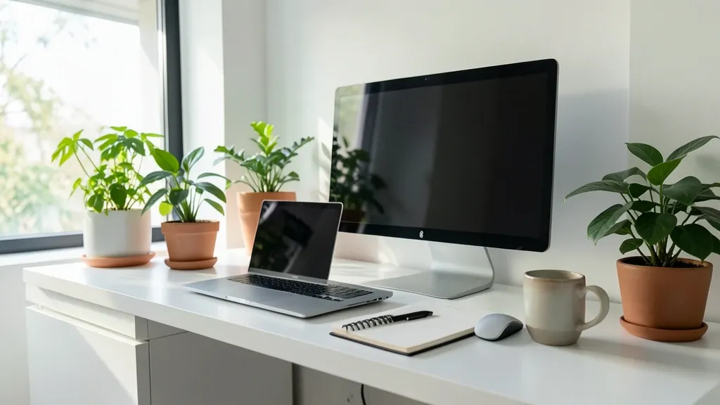 Modern white workspace with laptop, notebook, mug, and several potted houseplants in natural light