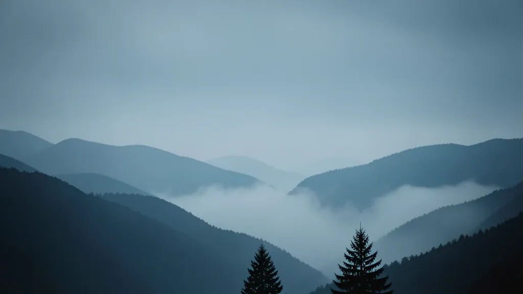 Moody desktop wallpaper of layered mountain ridges fading into thick morning fog in blue-grey tones