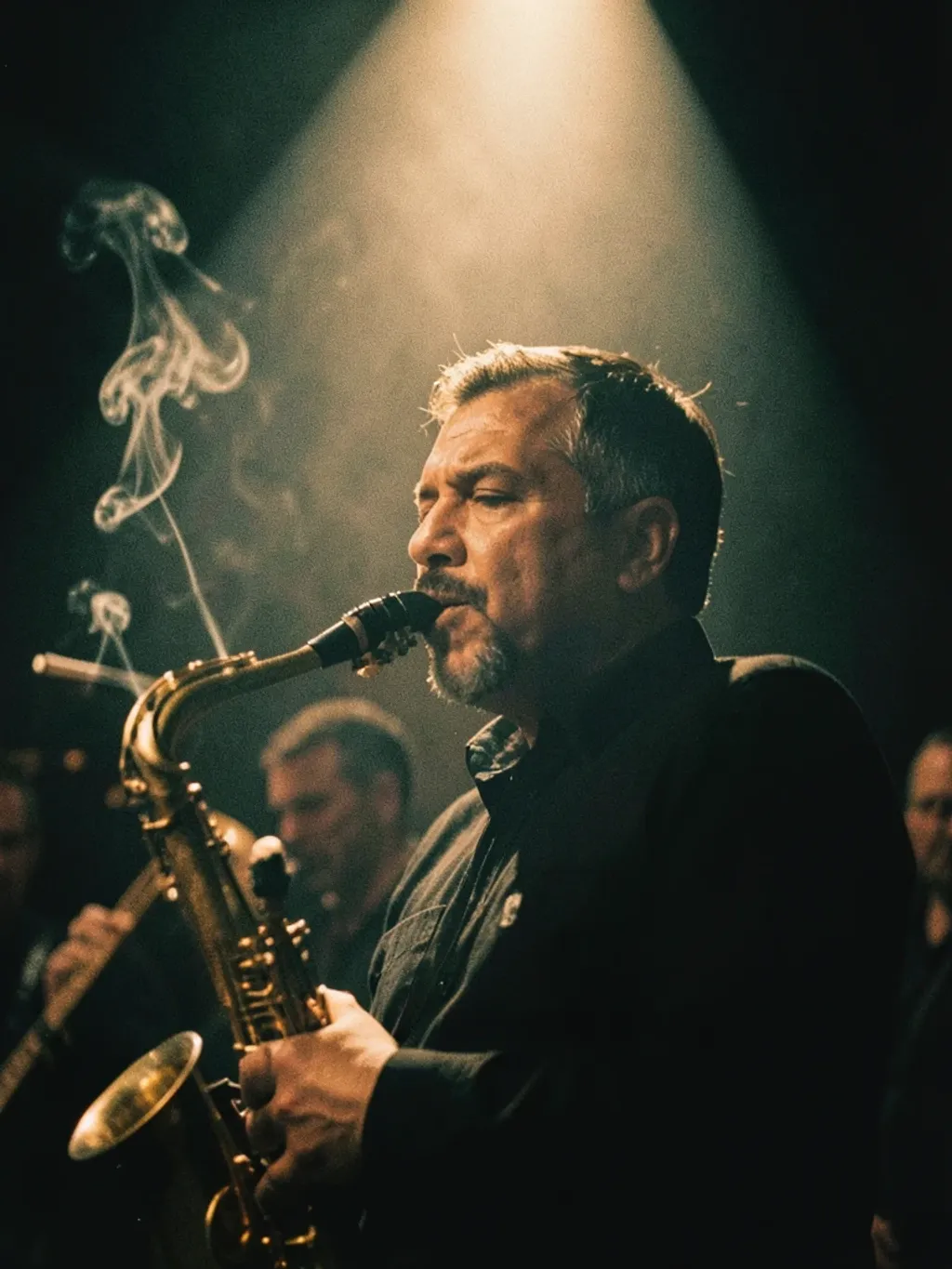 Cinematic low-light portrait of a jazz saxophonist playing in a smoky club under a warm amber spotlight