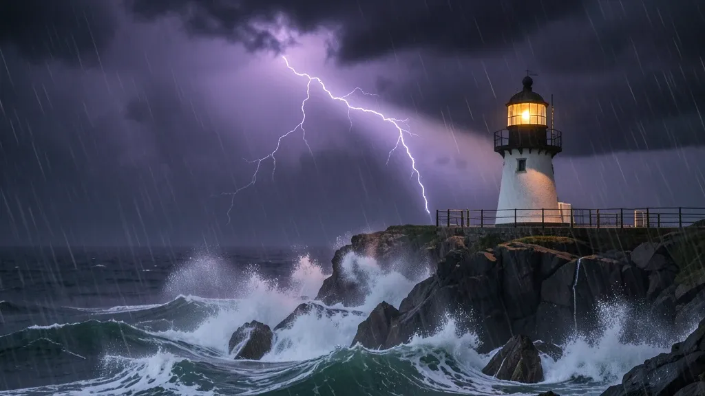 Lone lighthouse on a cliff in a night storm with crashing waves, lightning, and a warm beam in rain