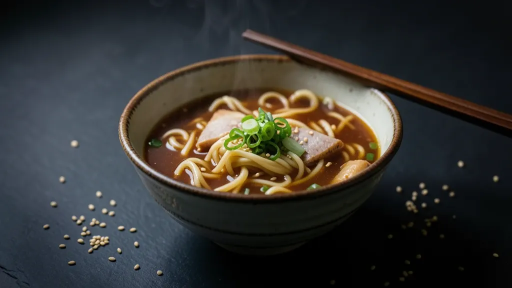 Moody hero shot of steaming ramen bowl on dark slate with side lighting