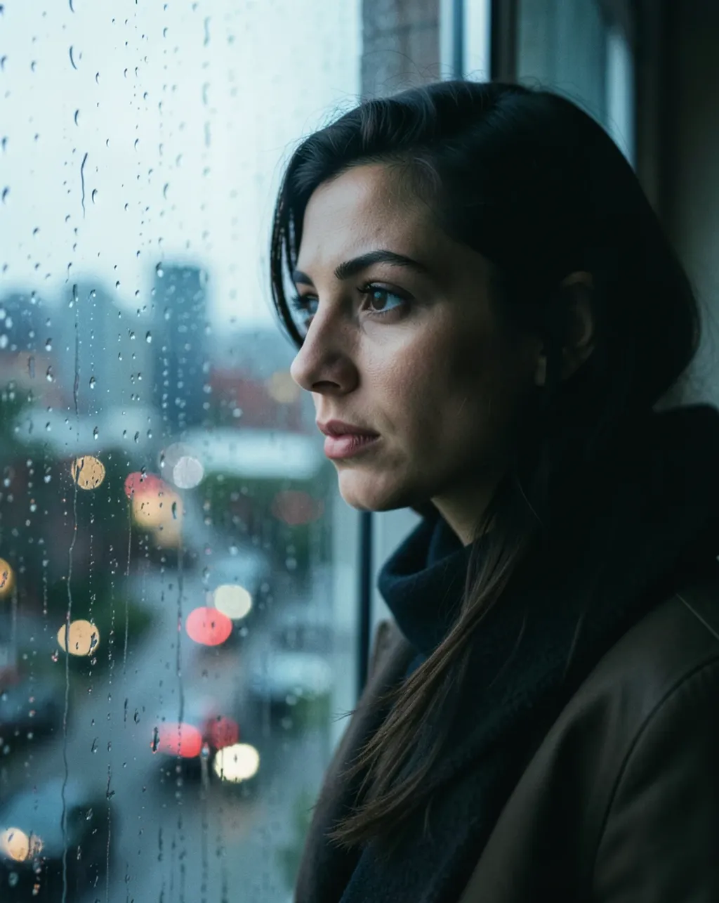 Moody portrait of a person looking out a rain-streaked window with soft light
