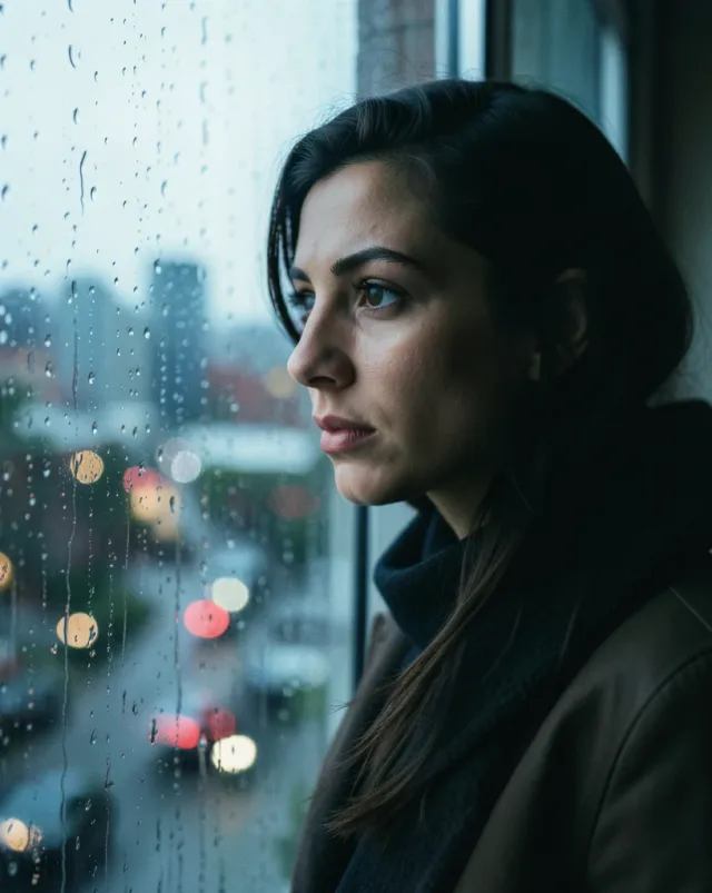 Moody portrait of a person looking out a rain-streaked window with soft light