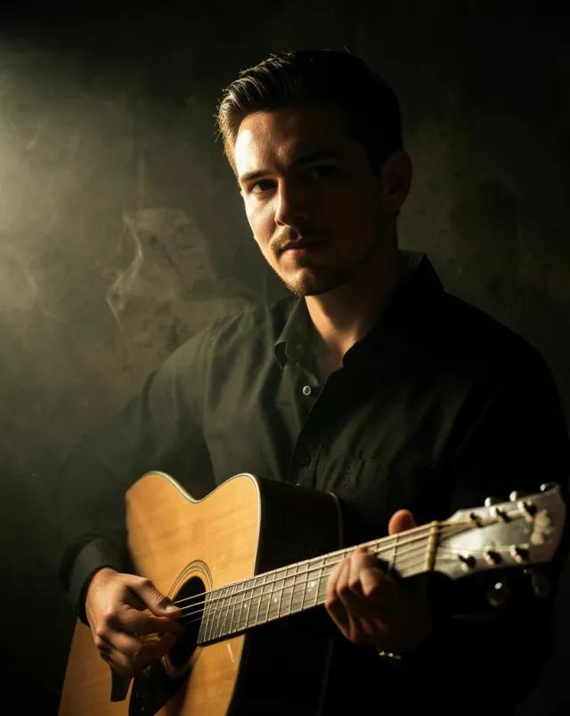 Moody studio portrait of a musician with a guitar under dramatic side light