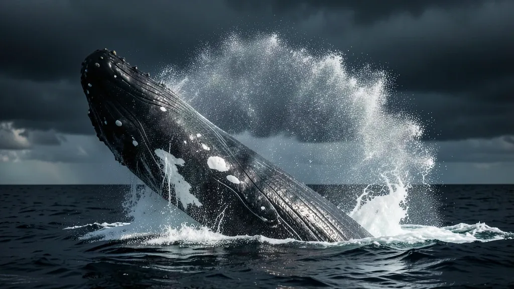 Moody humpback whale breaching with frozen spray under dark storm clouds on open ocean