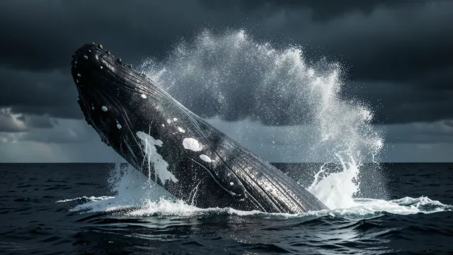 Moody humpback whale breaching with frozen spray under dark storm clouds on open ocean