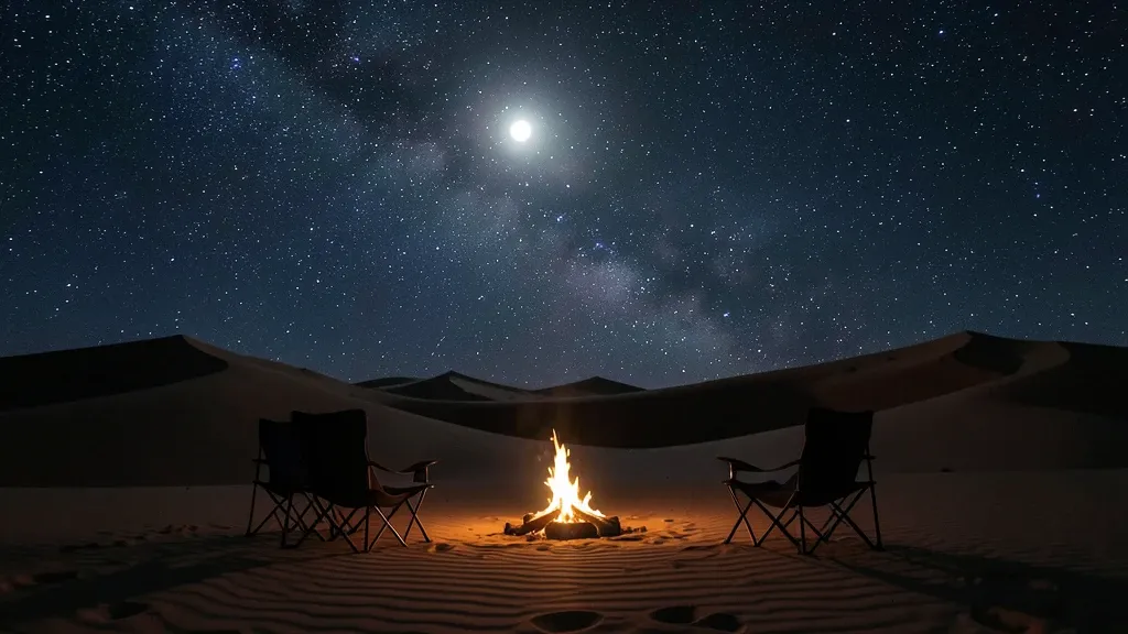 Small campfire glowing among vast sand dunes under a starry sky and bright full moon with silhouetted chairs