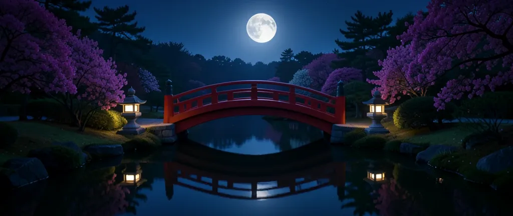 Moonlit red Japanese garden bridge over calm pond with full moon reflection and glowing lanterns