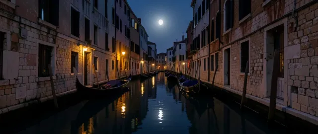Moonlit Venice canal with gondolas, ancient stone buildings, and warm window light reflecting in water