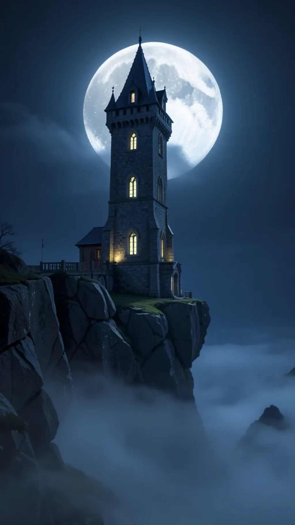 Moonlit stone wizard tower with glowing windows perched on a rocky cliff with swirling mist below