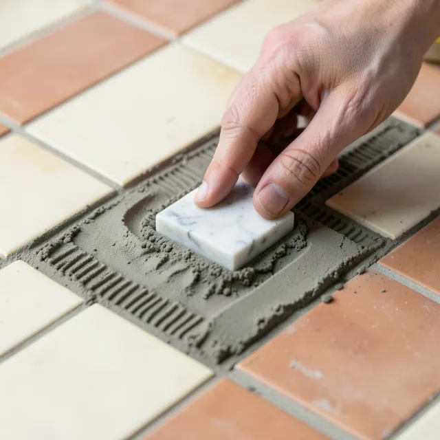 Fingers pressing a marble tessera into fresh mortar beside rows of set tiles