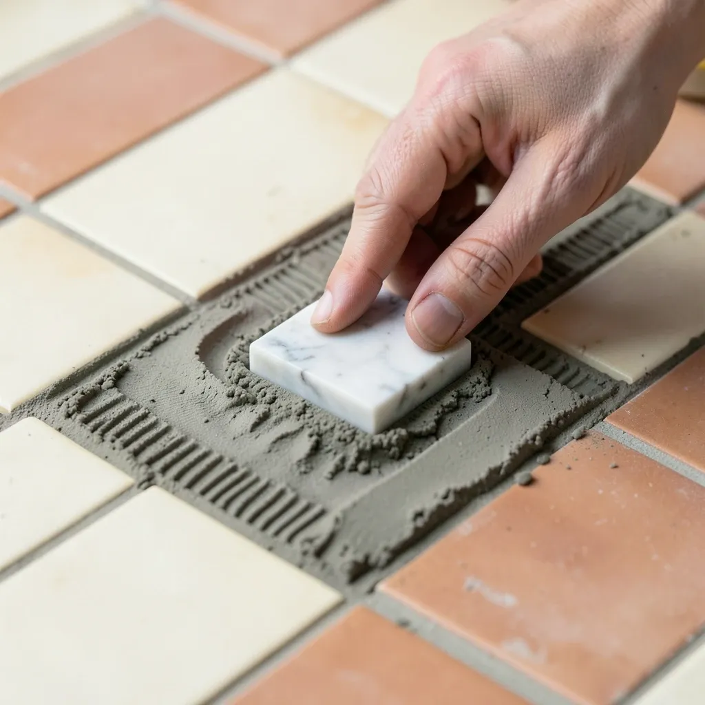 Fingers pressing a marble tessera into fresh mortar beside rows of set tiles