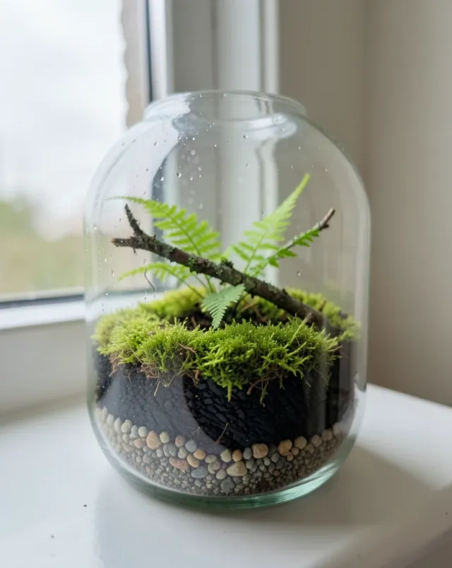 Closed glass terrarium of cushion moss and a fern with visible soil layers on a bright windowsill