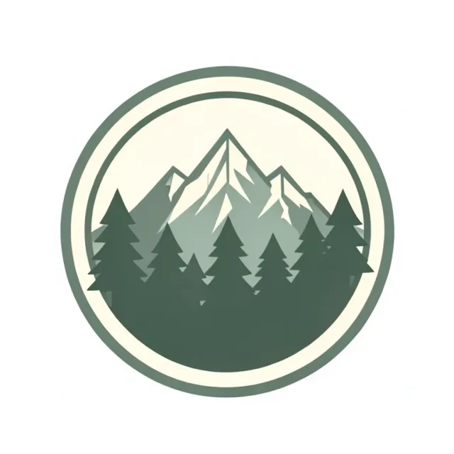Circular mountain badge logo with stylized peaks and layered pine trees in forest green and cream on white