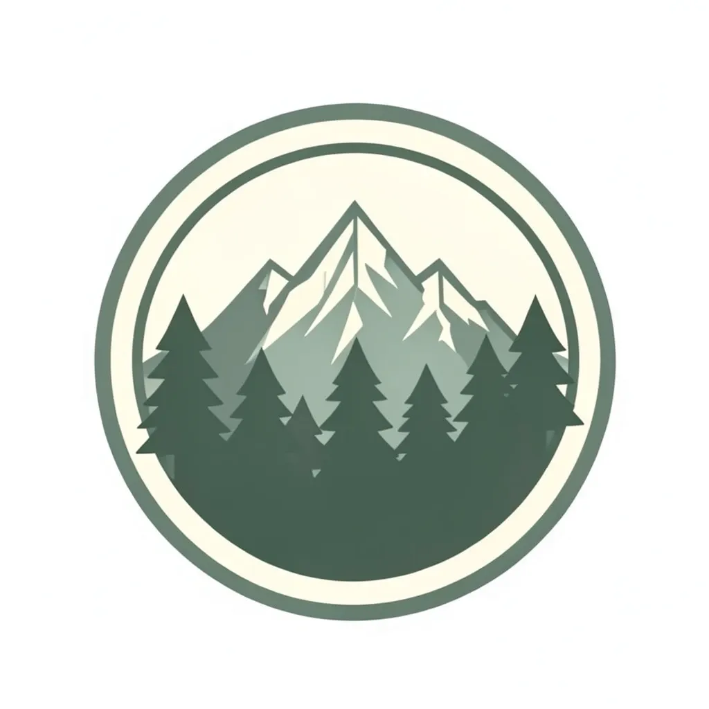Circular mountain badge logo with stylized peaks and layered pine trees in forest green and cream on white