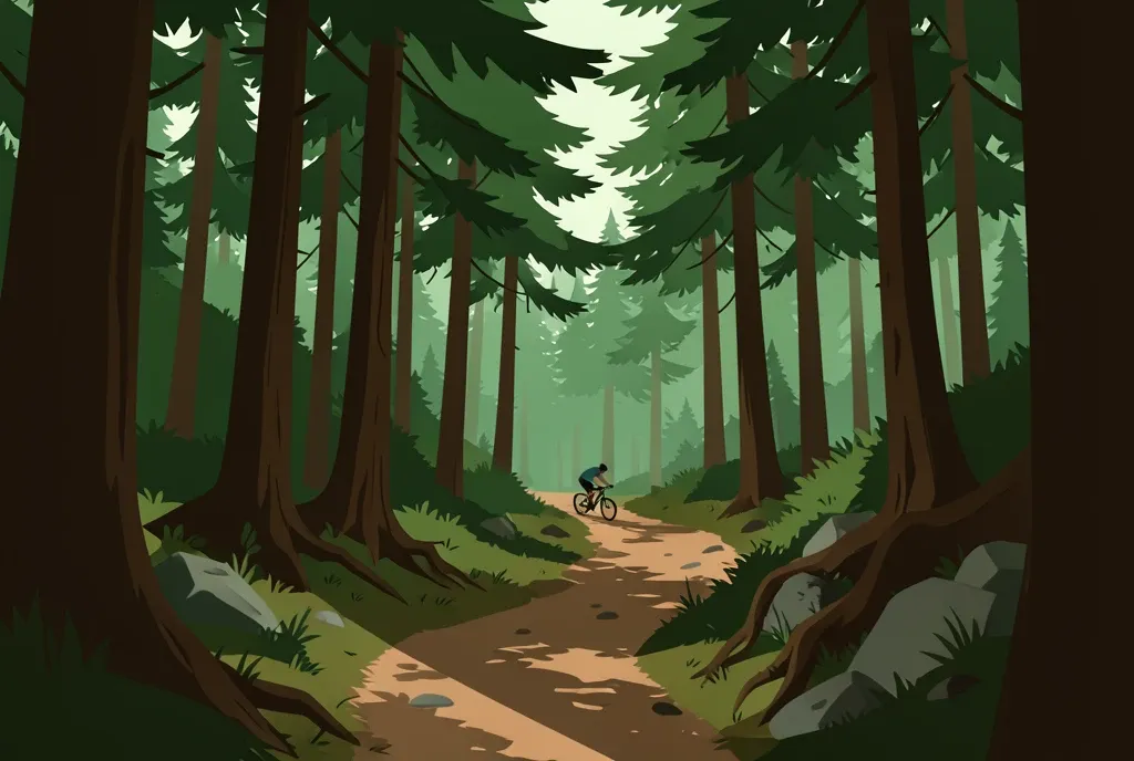 A flat illustration of a mountain bike trail winding through a pine forest with a rider.