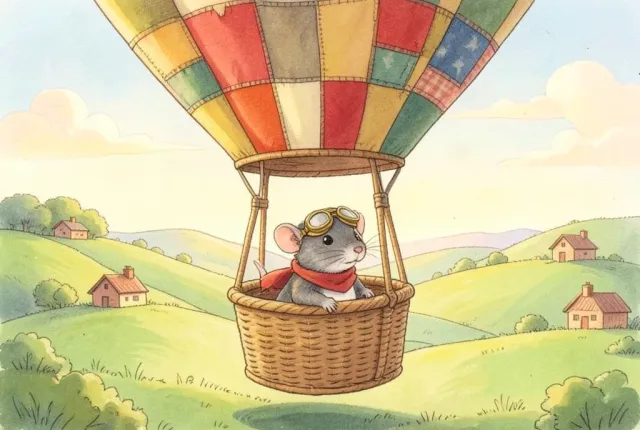 A mouse aviator in a patchwork hot-air balloon over hills