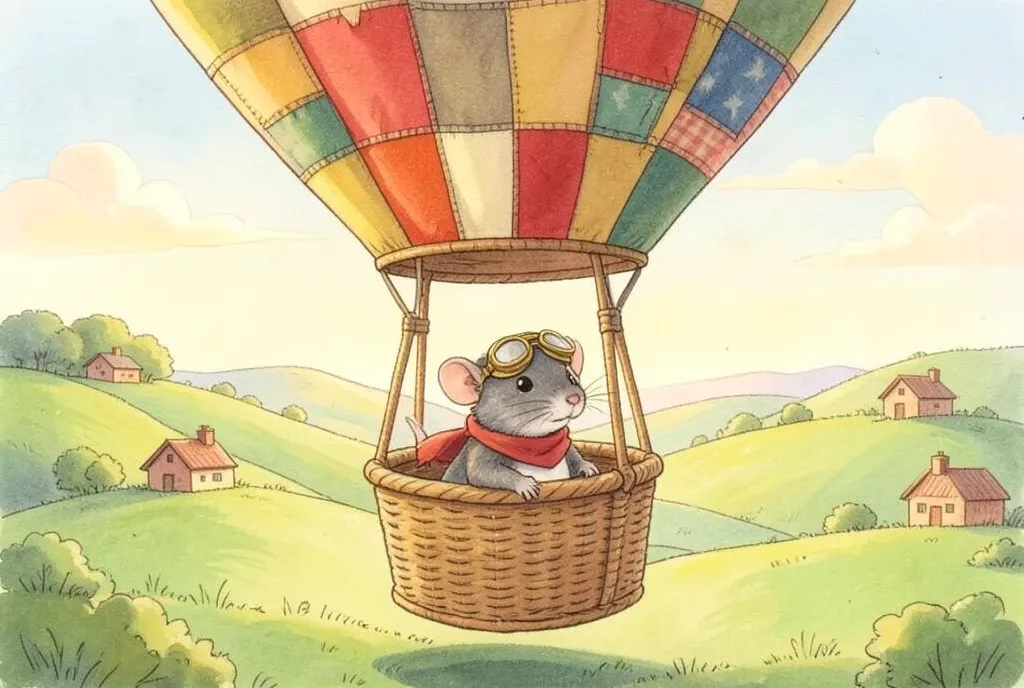 A mouse aviator in a patchwork hot-air balloon over hills