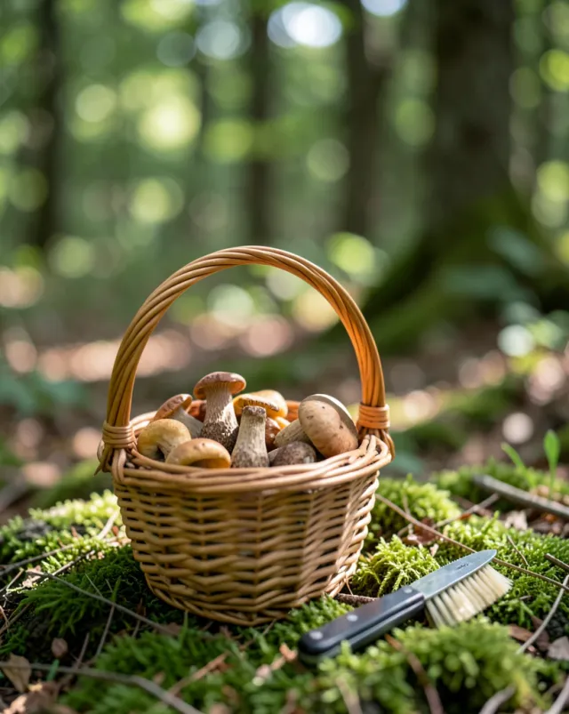 A wicker basket of wild mushrooms on a mossy forest floor with a knife and brush beside it.