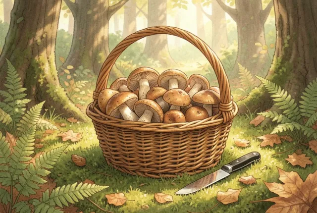 A wicker basket of wild mushrooms with gilled caps on a mossy forest floor