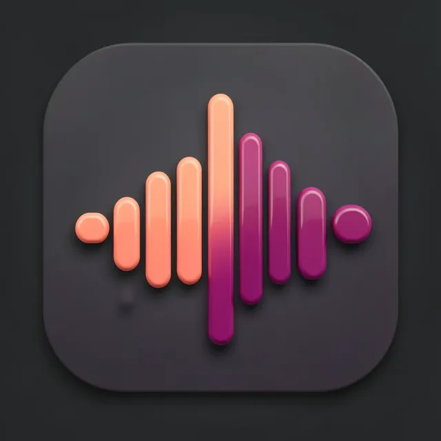 Music streaming app icon with sound wave bars in coral to magenta gradient on charcoal with radial glow