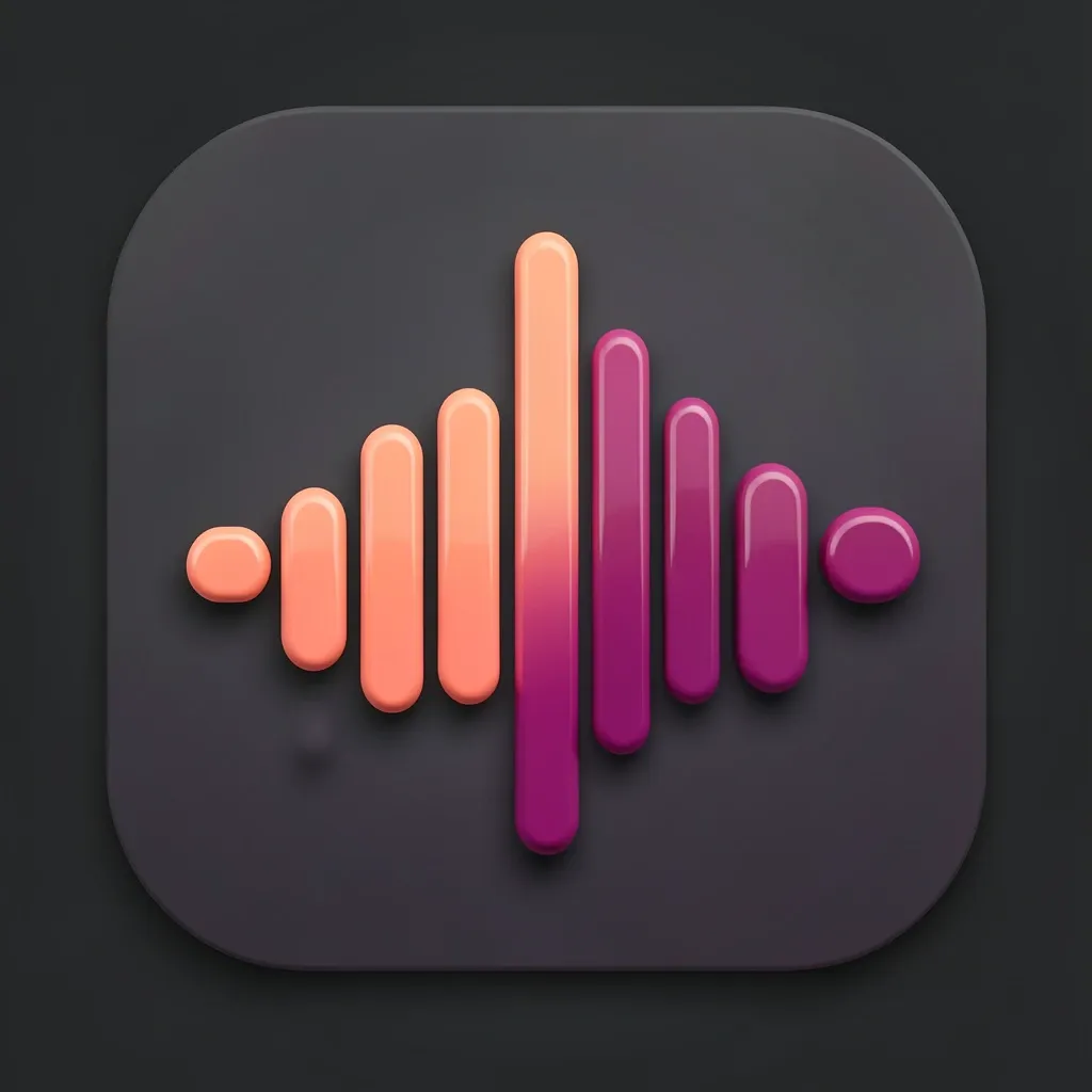 Music streaming app icon with sound wave bars in coral to magenta gradient on charcoal with radial glow