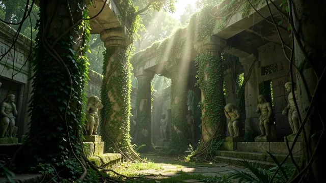 Ancient stone temple ruins overgrown with ivy and moss, sunlight beams through the jungle canopy