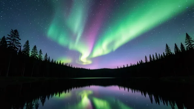 Mystical aurora borealis dancing over a still forest lake with pine tree silhouettes