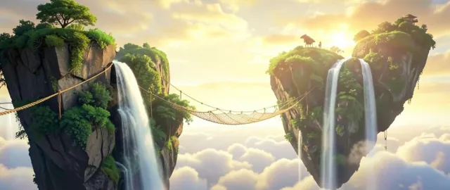 Lush floating islands with waterfalls and rope bridges drifting in a golden sky above distant clouds