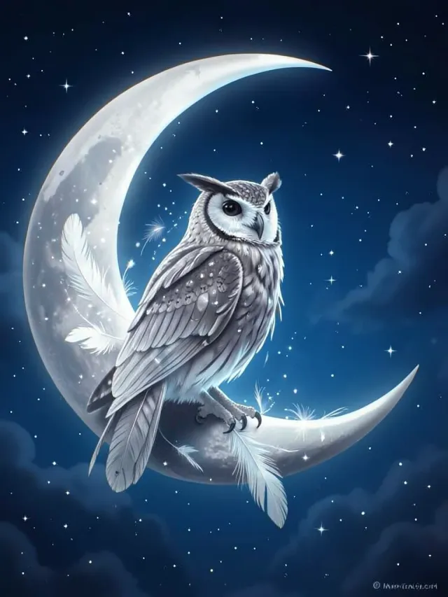 Mystical owl with glowing feathers perched on a silver crescent moon among stars