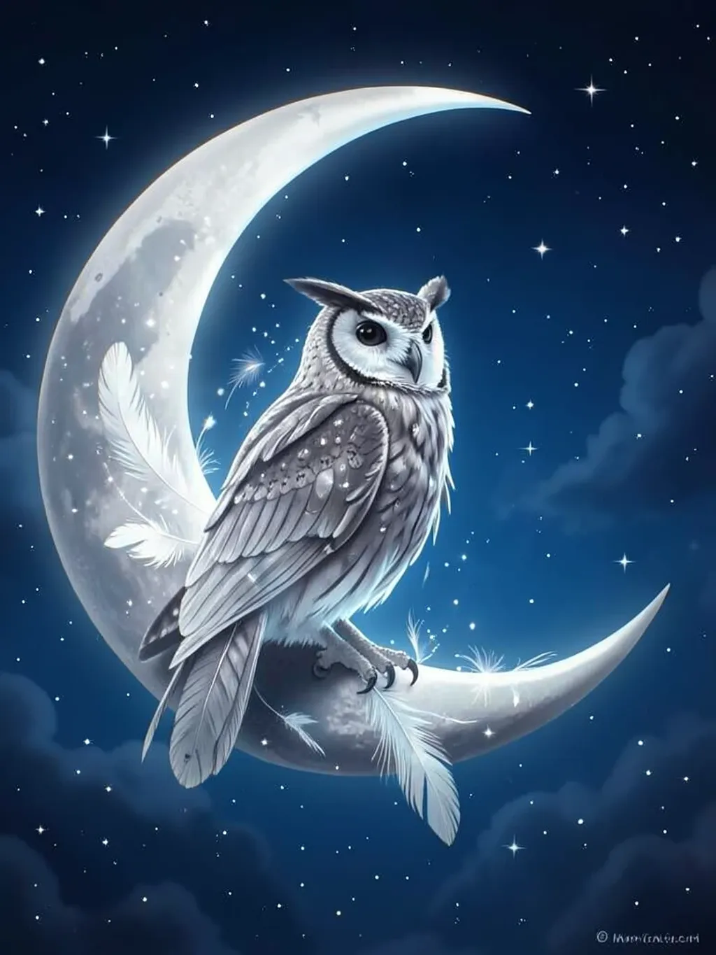 Mystical owl with glowing feathers perched on a silver crescent moon among stars