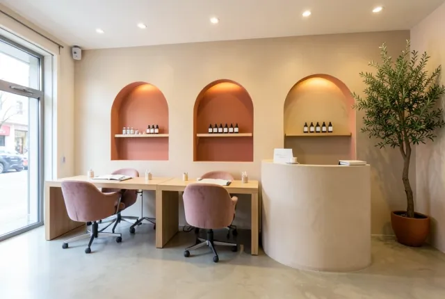 Modern nail salon with oak manicure stations, dusty rose chairs and arched niches of polish