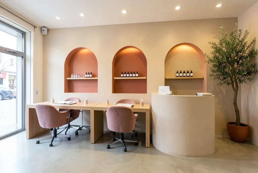 Modern nail salon with oak manicure stations, dusty rose chairs and arched niches of polish