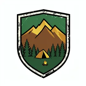 Retro national park badge t-shirt design with mountain range, pine trees, tent and campfire in flat colours