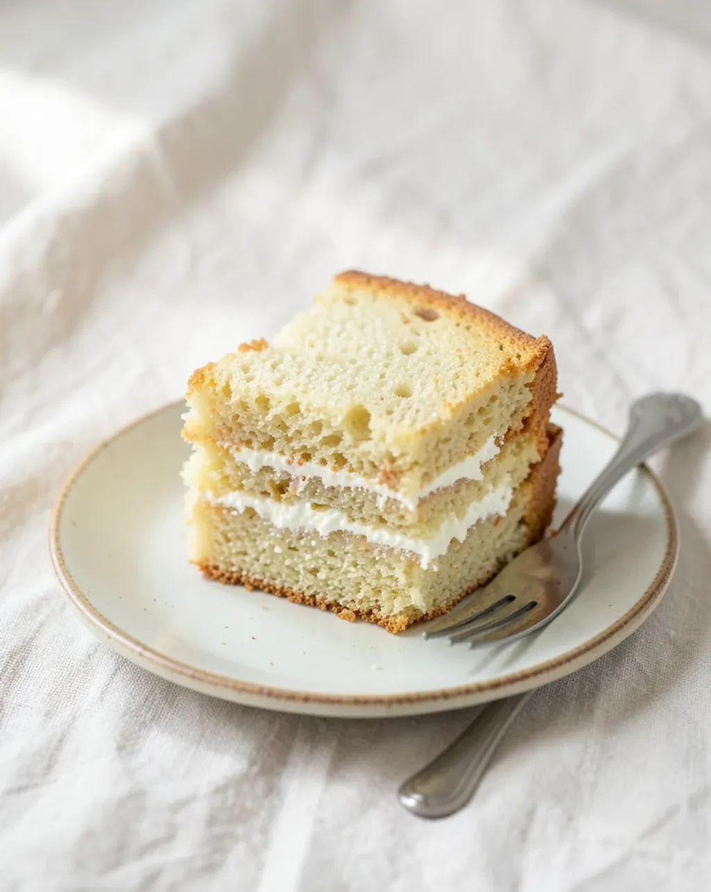 A slice of layered vanilla sponge cake on a ceramic plate in soft natural window light
