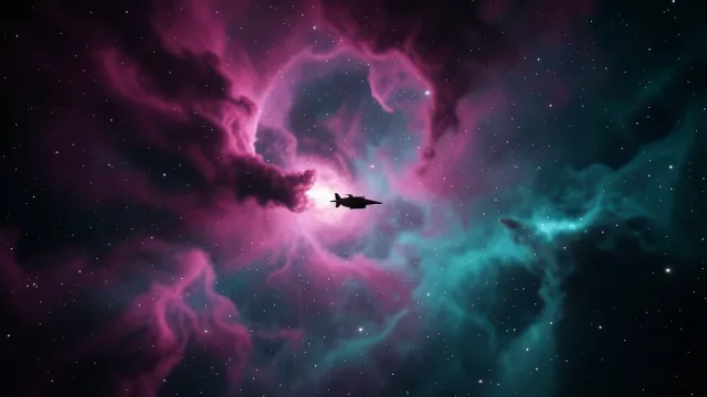 A lone exploration starship gliding through a vast magenta and teal nebula scattered with distant stars