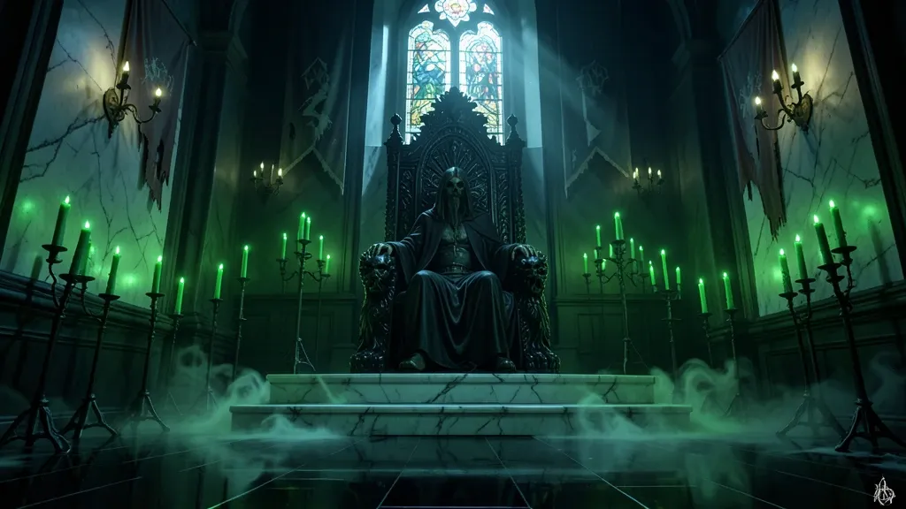 A gothic necromancer throne room lit by green candles