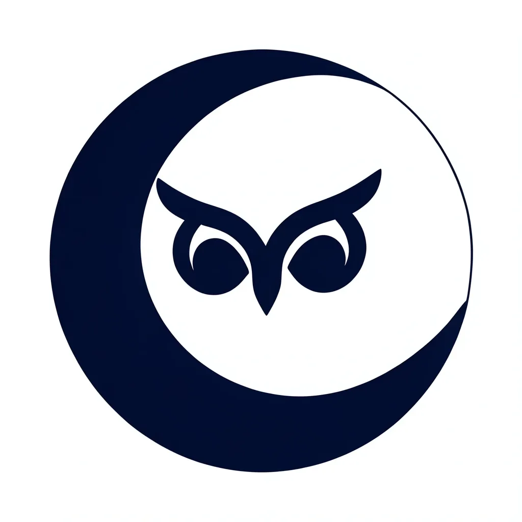 A negative space owl logo inside a crescent moon circle