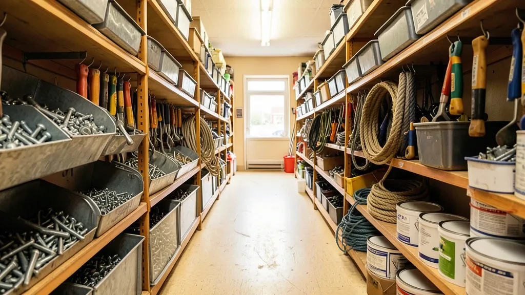 Long hardware aisle with bolt bins, hanging tools and blank paint cans under mixed fluorescent light